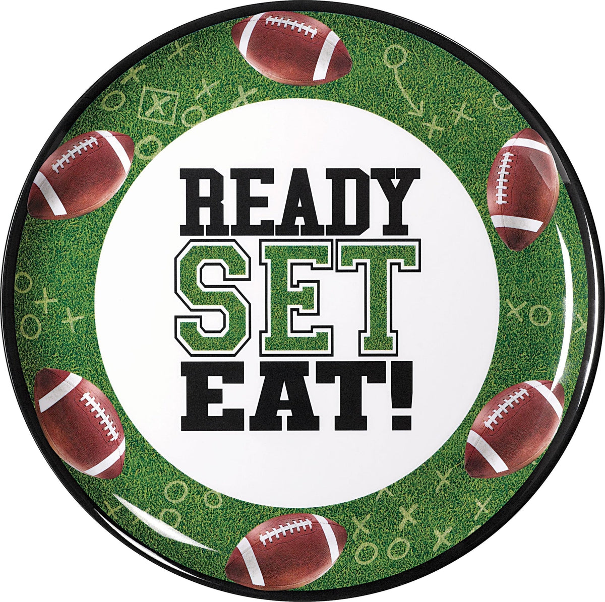 "Ready Set Eat" Round Plastic Melamine Reusable Serving Platter, Green, 13.5-in, for Sports Party F6T3 - product image 1