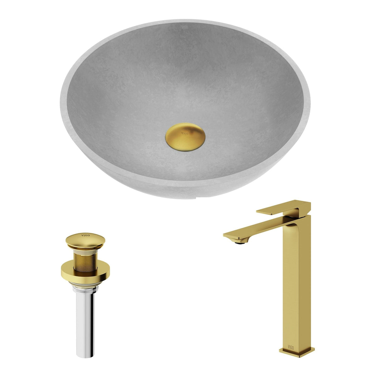 Ravenna Gothic ConcretoStone Grey Bathroom Sink/Basin Set with Dunn Faucet and Round Vessel J5E1 - product image 2