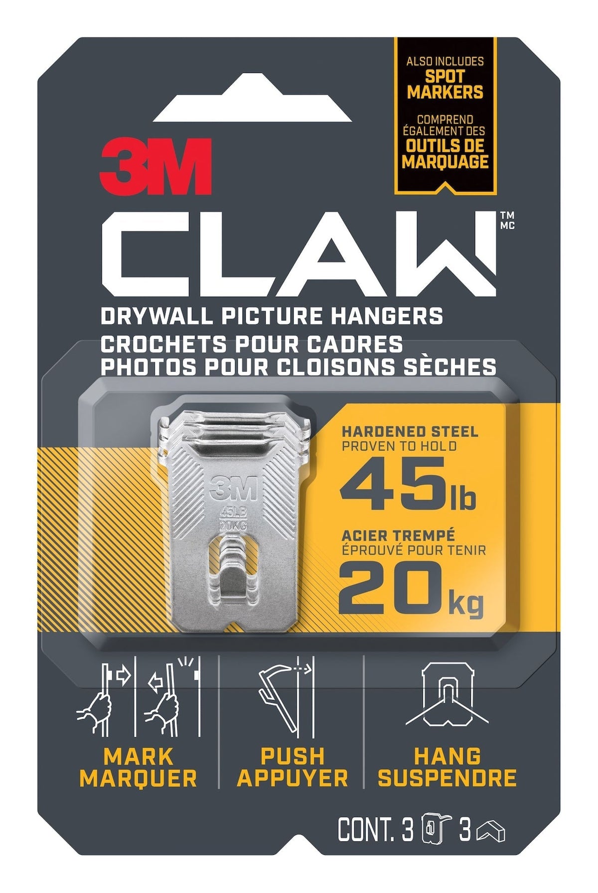 3M Claw DrywAll Picture Hanger, 45-lb Capacity, 3 Hangers per Pack M5U7 - product image 1