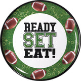 "Ready Set Eat" Round Plastic Melamine Reusable Serving Platter, Green, 13.5-in, for Sports Party F6T3 - product image 1