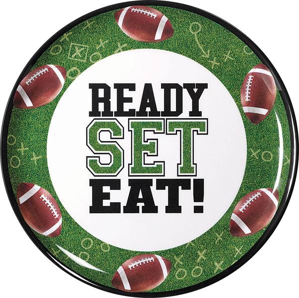 "Ready Set Eat" Round Plastic Melamine Reusable Serving Platter, Green, 13.5-in, for Sports Party R5F0
