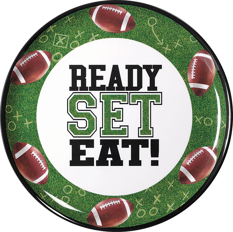 "Ready Set Eat" Round Plastic Melamine Reusable Serving Platter, Green, 13.5-in, for Sports Party R5F0