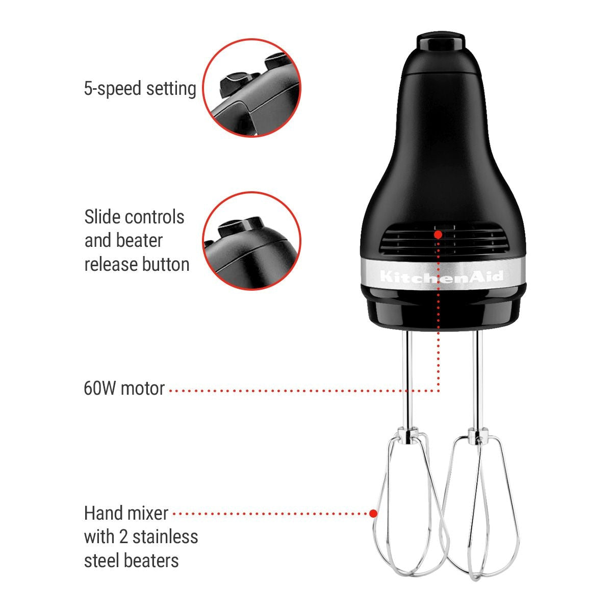 Kitchen Aid Compact 5-Speed Hand Mixer with Stainless Steel Accessories, Black J2P9 - product image 3