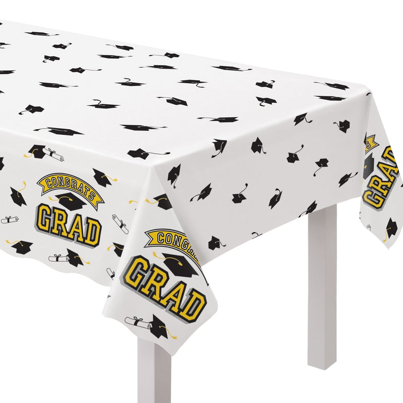 "Congrats Grad" Rectangle Plastic Reusable Table Cover, Yellow, 54x84-in, for Graduation H5H0